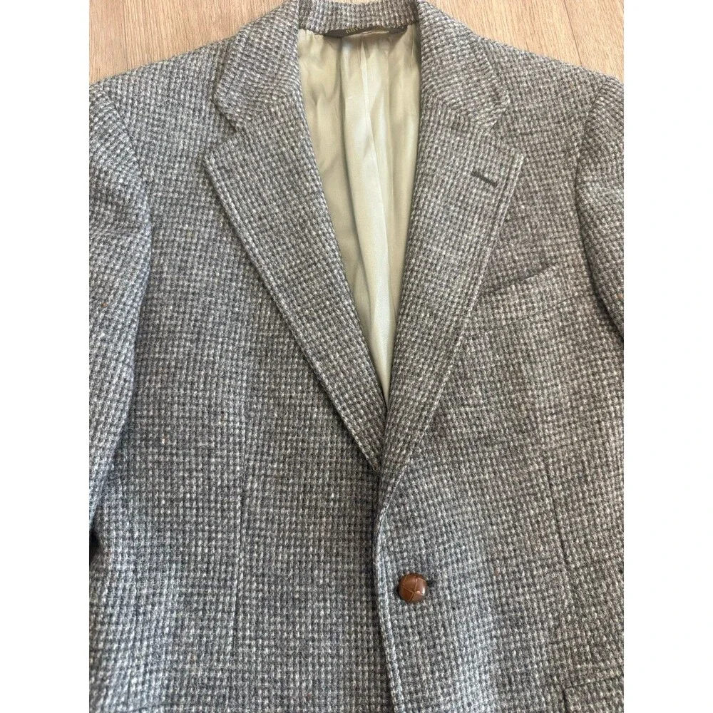 Vtg 70s ~38R Ralph Lauren Chaps Grey Tweed Blazer Leather Buttons Two Button